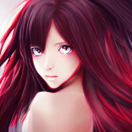 Image similar to professional anime digital art of a beatiful girl with long black hair; red eyes; face portrait; beautiful, appealing face, trending art