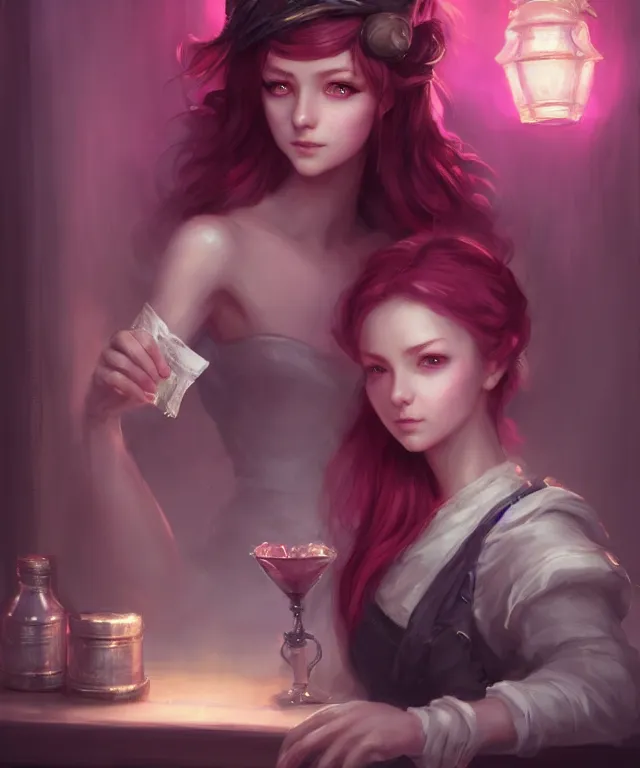 Prompt: cute friendly fantasy barkeep wrapped in bandages by charlie bowater and titian and artgerm, intricate, face, in a tavern, elegant, magenta mist, beautiful, highly detailed, dramatic lighting, sharp focus, trending on artstation, artstationhd, artstationhq, unreal engine, 4 k, 8 k