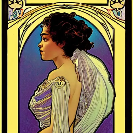 Prompt: tessa thompson portrait by louis - theophile hingre and alphonse mucha, realistic, sharp focus, zodiac signs, tarot cards, planets, ethereal, art nouveau, magic, moon, sun, crown, dreamy, royal, jewellery