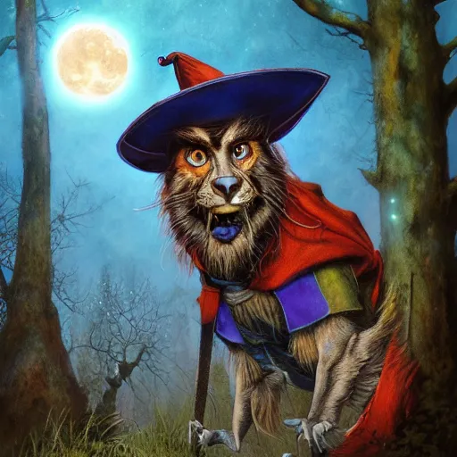 Prompt: portrait of the terrified Rincewind in the Forbidden Forrest, at night, full moon, blue tones, detailed, hyperrealistic, colorful, cinematic lighting, digital art by Paul Kidby