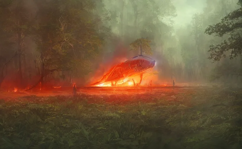 Prompt: a spaceship on fire crashed in a swamp forest, smoke, smoke, smoke, smoke, cloudy air. Atmospheric lighting, overgrowth. By Makoto Shinkai, Stanley Artgerm Lau, WLOP, Rossdraws, James Jean, Andrei Riabovitchev, Marc Simonetti, krenz cushart, Sakimichan, trending on ArtStation, digital art.