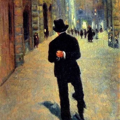 Prompt: the man in black and a revolver in hand walking around a city, impressionist painting