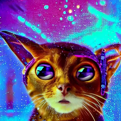 Image similar to cyberpunk excited Abyssinian cat underwater, sparkly, colorful, cyberpunk digital painting