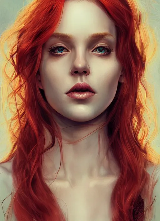 Prompt: dramatic ethereal full length illustration of a beautiful and red hair young woman in the art style of Martine Johanna, not realistic, anatomically correct, beautiful!! perfect face, enigmatic, volumetric golden dappled dynamic lighting, sharp focus, 8k high definition, insanely detailed, intricate, elegant