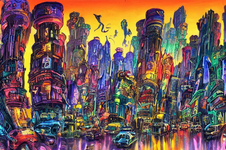 Prompt: surreal colorful nightmarish cityscape, artwork by Ralph Bakshi