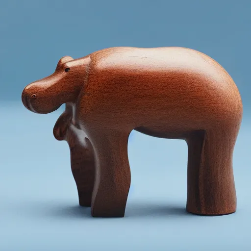 Prompt: a zoomed out studio product shot of a minimalist carved hippopotamus, made from cherry wood and blue resin, in profile, like a catalog photograph, mostly wood, with a smooth featureless minimalist look