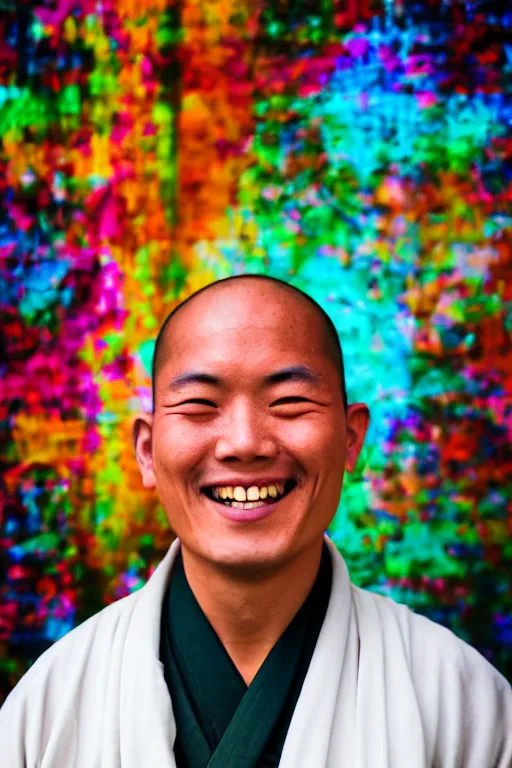 Prompt: portrait of a Tibetan monk smiling looking happy in front of a cyber punk background. Photography, Cannon, 50mm, f/1.2