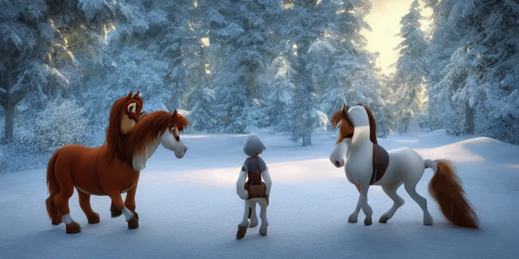 Prompt: the horse and his boy, narnia, pixar, disney, volumetric, crisp, realistic