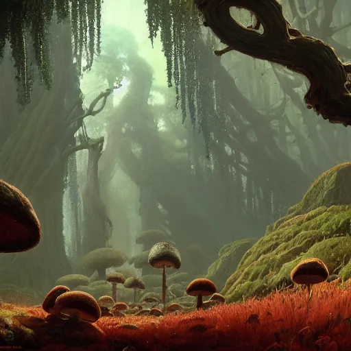 Image similar to horrible surreal mushrooms overwhelming redwood forest, creeping fig vines, ferns and waterfalls shadow of the colossus screenshot by j. c. leyendecker, simon stalenhag, studio ghibli, barlowe, audobon and beksinski