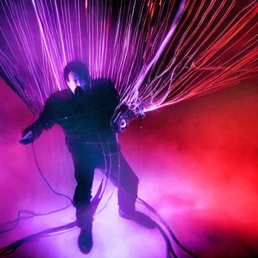 Prompt: Trent Reznor screaming and smashing a guitar on a synthesizer, smoke, colored projections, ultrafine detail, cybersuit, glowing thing wires, smoke, high contrast, projections, associated press photo, masterpiece