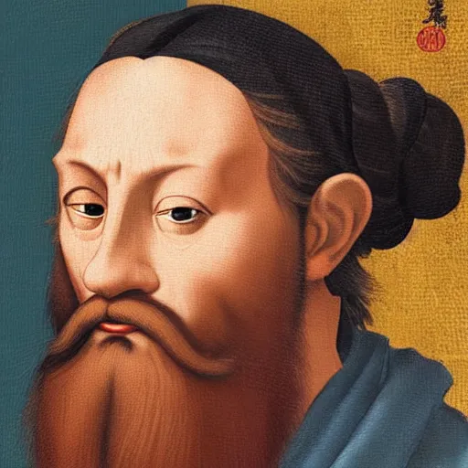 Prompt: portrait painting of surprising Michelangelo di Lodovico with topknot in the style of japanese cartoon