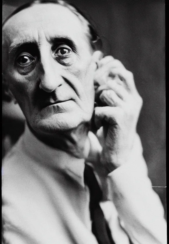 Image similar to a close - up casual photo of marcel duchamp with pensive eyes, 1 9 2 0 s monochrome snapshot, graflex 4 x 5, f 1. 8, 3 5 mm, ilford delta 3 2 0 0 pro