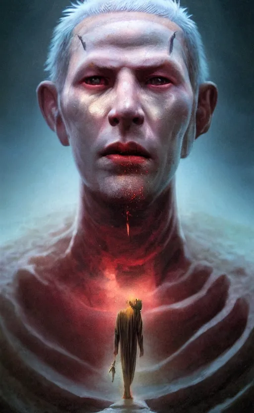 Image similar to extremely detailed cinematic movie still 3 0 7 7 portrait shot of a god of love 2 5 years old white man hyperreal skin face at the mountain top by denis villeneuve, wayne barlowe, simon birch, marc simonetti, philippe druillet, beeple, bright volumetric sunlight from remote star, rich moody colors, closeup, bokeh