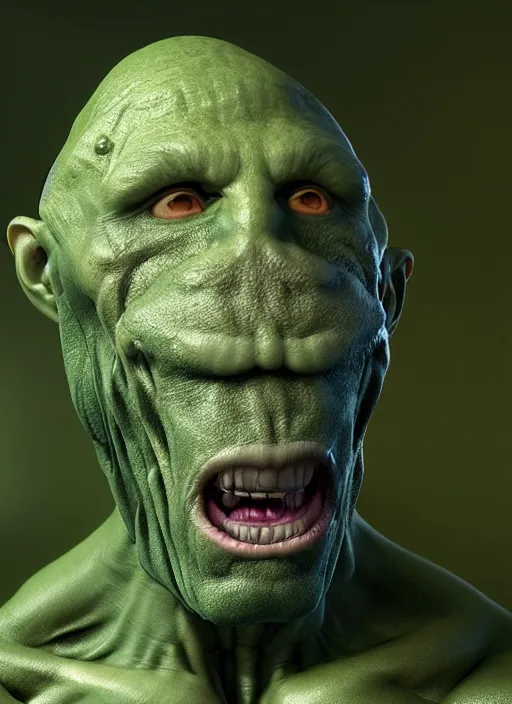 Image similar to muscular creature with muted green skin, bald, no nose, large eyes, mouth is closed, surprised expression, hyper detailed, digital art, trending in artstation, cinematic lighting, studio quality, smooth render, unreal engine 5 rendered, octane rendered, art style by klimt and nixeu and ian sprigger and wlop and krenz cushart.