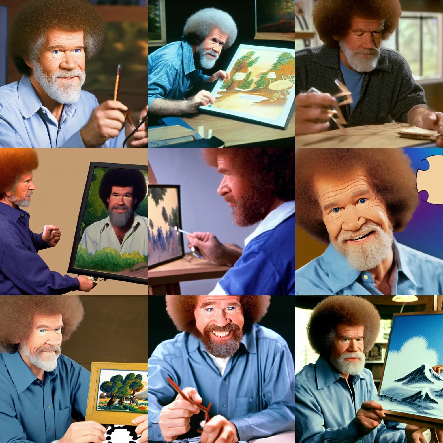 Prompt: Bob Ross solving a puzzle, highly detailed, sharp focus, 8k, 35mm, cinematic lighting