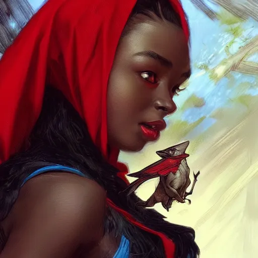 Image similar to Beautiful Portrait of Little Red Riding Hood with a black panther, intricate, wild, highly detailed, digital painting, artstation, concept art, smooth, sharp focus, illustration, art by artgerm and greg rutkowski and alphonse mucha, footage from space camera