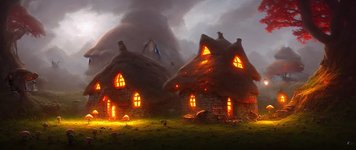 Prompt: digital painting of a small cottage on a floating island surrounded by mushrooms, concept art, low angle, high detail, volumetric, godrays, vivid, beautiful, trending on artstation, by Greg Rutkowski, huge scene