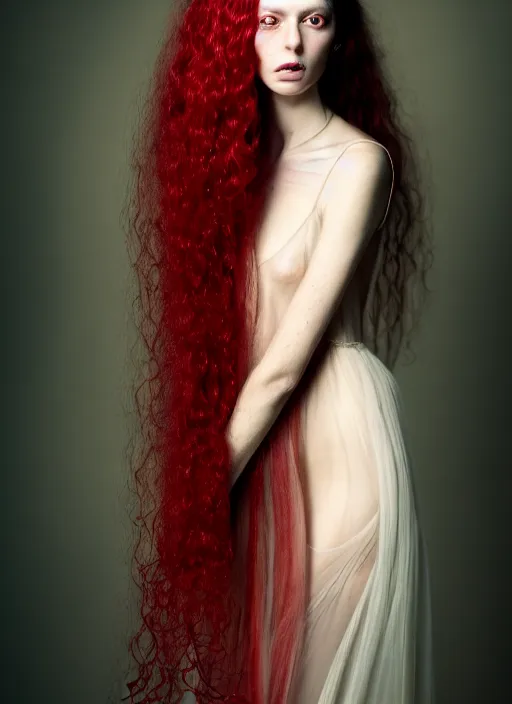 Image similar to portrait photography of a beautiful woman, in fine art photography style of Lindsay Adler- Giovanni Gastel, britt marling style 2/4 , natural color skin pointed in rose, long red hair with an intricate hairstyle, full body dressed with a ethereal transparent voile dress, elegrant, 8K, soft focus, melanchonic soft light, volumetric dramatic lighting, highly detailed Realistic, hyper Refined, Highly Detailed, natural point rose', outdoor sea and storm soft lighting, soft dramatic lighting colors scheme, soft blur lighting, fine art fashion photography