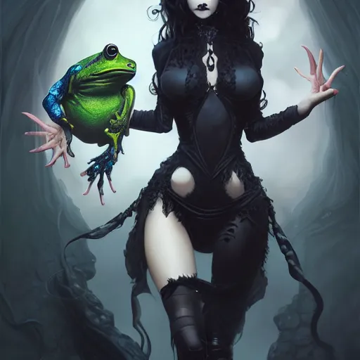 Prompt: attractive goth woman with a frog, intricate, highly detailed, digital painting, artstation, concept art, smooth, sharp focus, illustration, unreal engine 5, 8 k, art by artgerm and greg rutkowski and alphonse mucha