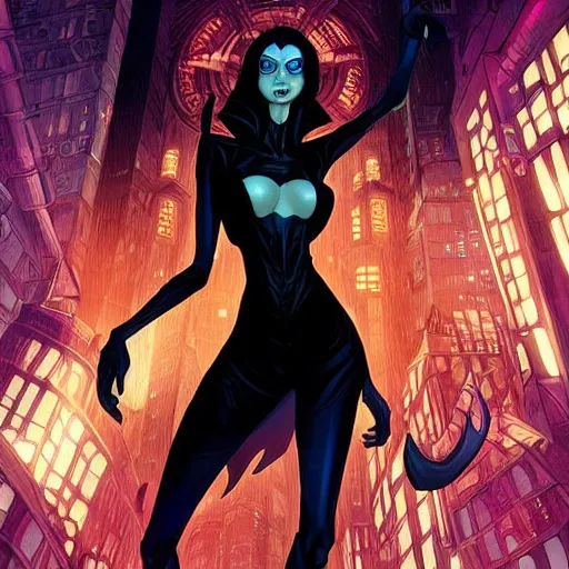 Prompt: Tall beautiful slender female witch with dark hair, futuristic, alien cityscape, symmetrical features, full body, artstation, graphic novel, colourful, 2D matte, art by Stanley Artgerm, and David Rubín, and Mike Mignola, and Laurie Greasley,