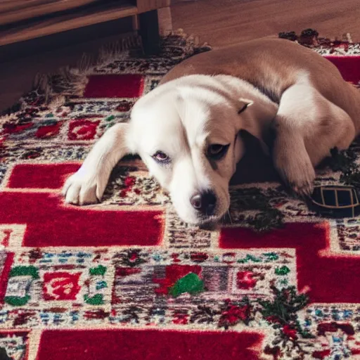 Prompt: a dog on a carpet sitting in a room at christmas time