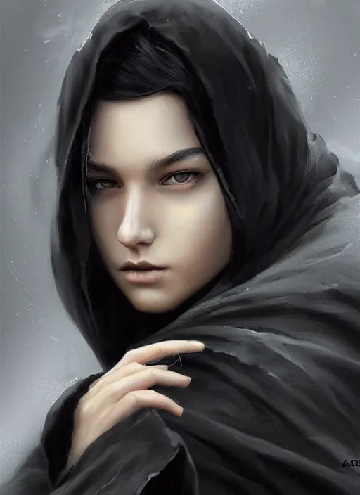 Image similar to a teenage girl with very short black hair and a huge cloak made of grey and black raven feathers. mist swirls around her. beautiful highly detailed face. beautiful painting by artgerm and greg rutkowski and raymond swanland