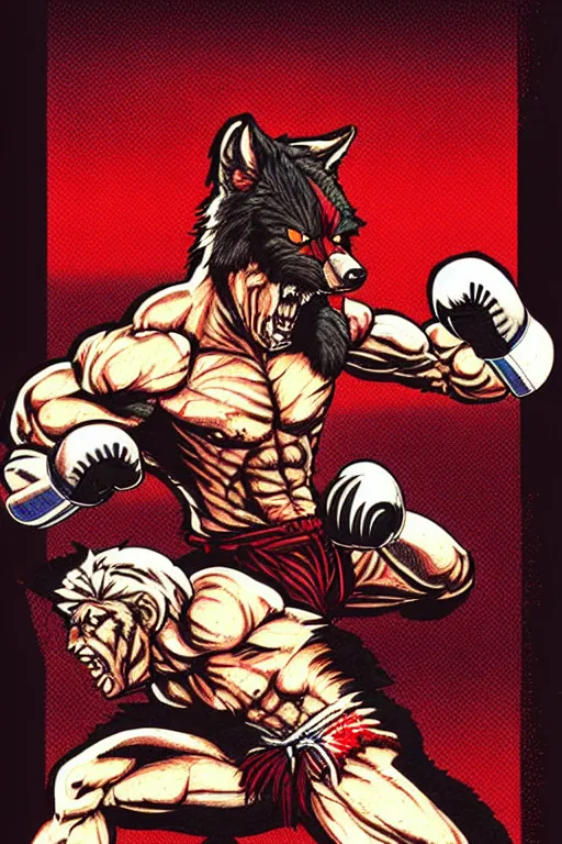 Prompt: extreme long shot. 8 bit nes graphics. antropomorphic muscular masculine wolf. kickboxer fighter, in shorts. wolf head. fine details, very sharp, art from nes game cartridge, ( vhs colors, vaporwave style ), marc simonetti and hermann nitsch