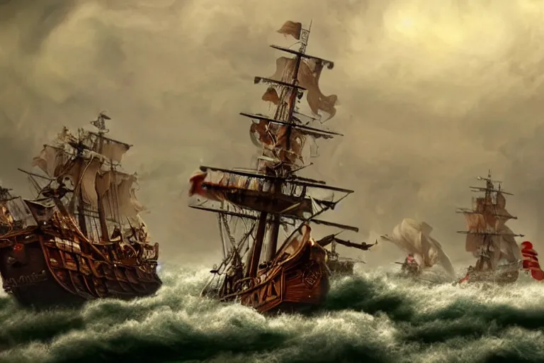 Image similar to epic pirate ship cannon battle in a storm, in the style of vernon grant and chris van allsburg, raging stormy sea, trending on artstation, bright tilt - shift camcorder effect, photoshop, retrowave, hyperrealism, octane, sharp focus, masterpiece