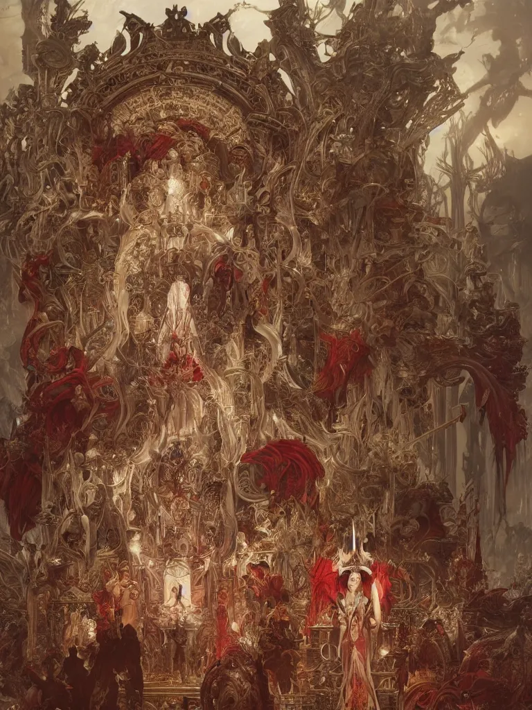 Prompt: a huge ivory throne with abominations kneeling in front of it, red tones, highly coherent, ultra realistic, concept art, intricate details, eerie, highly detailed, photorealistic, octane render, 8 k, unreal engine. art by artgerm and greg rutkowski and alphonse mucha