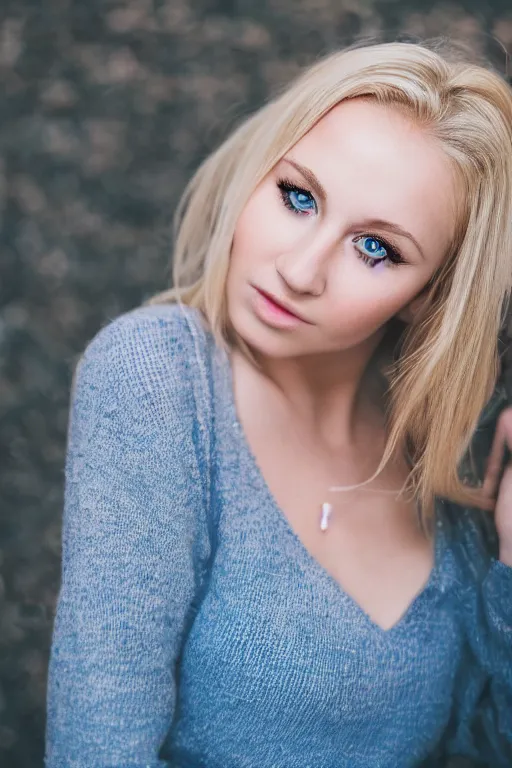 Prompt: a portrait of a blonde wonderful young woman, blue eyes, highly detailed, fujifilm 5 6 mm f 1. 2