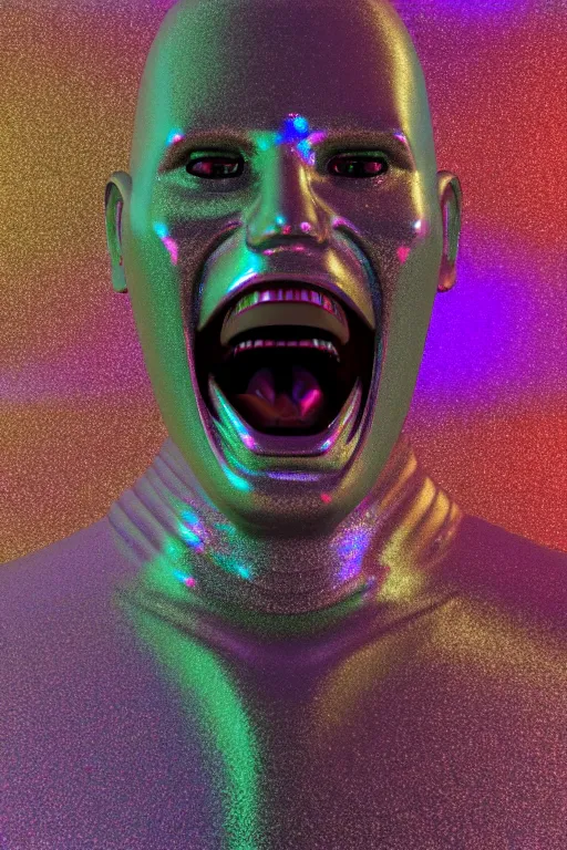 Image similar to 3d render of holographic angry human robotic screaming angry bust made of glossy iridescent, screaming, bust, surrealistic 3d illustration of a human non-binary, non binary model, 3d model human, cryengine, made of holographic texture, holographic material, holographic rainbow, concept of cyborg and artificial intelligence