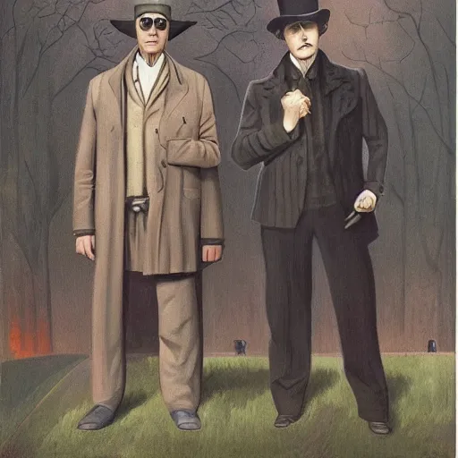 Image similar to American Gothics by Grant Wood but with Sherlock Holmes and Watson instead of the usual characters