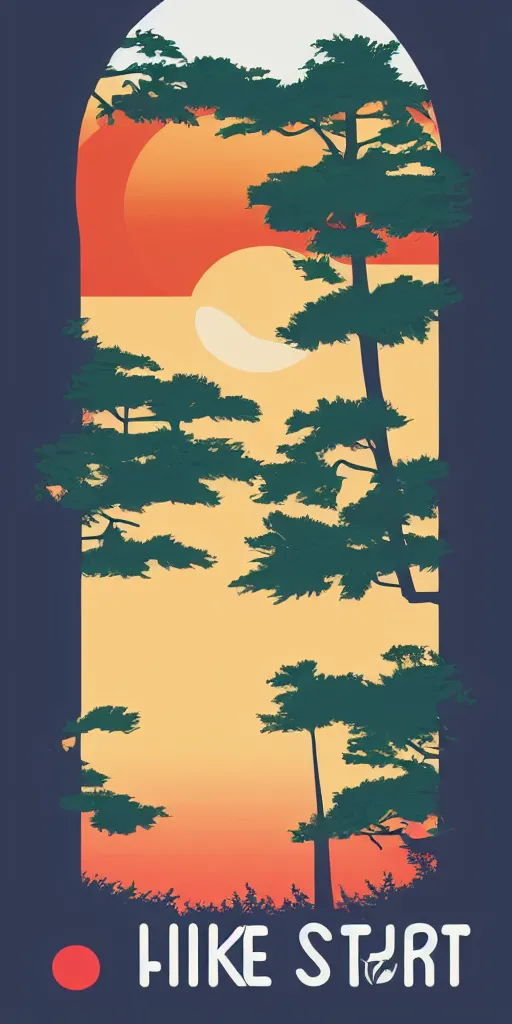 Prompt: shirt design, vector style, a lake and japanese pines to the left of the scene, big red sun, fresh modern look, made with photoshop,