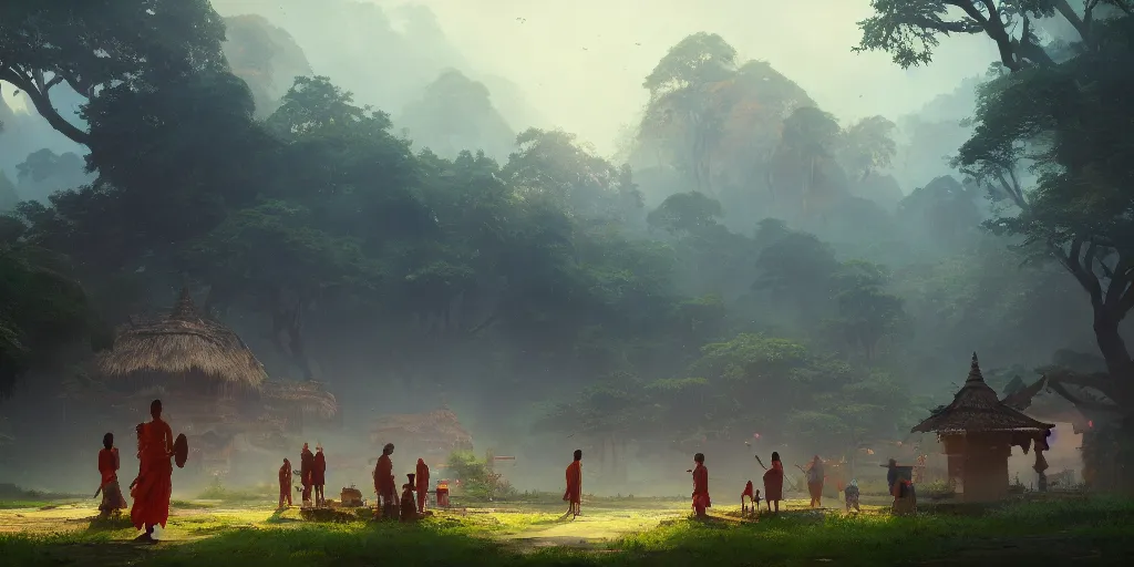 Image similar to kerala village, sharp focus, wide shot, trending on ArtStation, masterpiece, by Greg Rutkowski, by Ross Tran, by Fenghua Zhong, octane, soft render, ultrarealistic, colorful, cinematic, horizon forbidden west