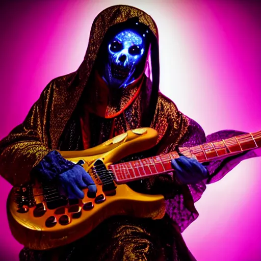 Image similar to uhd candid photo of cosmic dracula playing electric guitar in church, glowing, global illumination, studio lighting, radiant light, detailed, correct face, elaborate intricate costume. photo by annie leibowitz