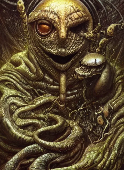 Image similar to mushroom trip mf doom reptile eyes, mushroom skin. intricate, elegant, highly detailed, centered, digital painting, artstation, concept art, smooth, sharp focus, illustration, artgerm, tomasz alen kopera, peter mohrbacher, donato giancola, joseph christian leyendecker, wlop, frank frazetta