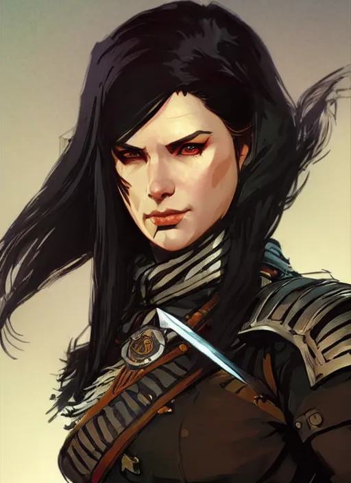 Image similar to concept art of a dangerous dark haired female warlord. witcher 3 character design by laurie greasley and sherree valentine daines concept art, matte, sharp focus, illustration, hearthstone, art by artgerm and greg rutkowski and alphonse mucha