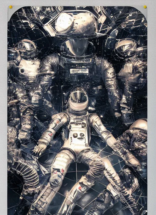 Image similar to polaroid astronauts in dark and void underwater - complex and hyperdetailed suit. reflection and dispersion materials. rays and dispersion of light. volumetric light. 5 0 mm, f / 3 2. noise film photo. flash photo. ultra realistic, poster by wayne barlowe, hajime sorayama aaron horkey, craig mullins, smooth. plastic