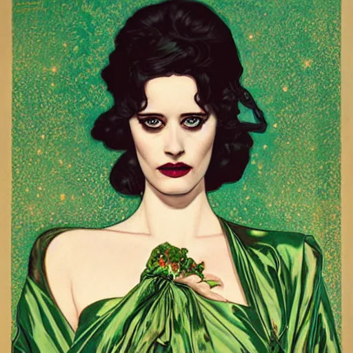 Image similar to portrait by joshua middleton of the young actress, eva green as queen of the emerald dead, vamp, elegant, decadent, stylised comic art, klimt, mucha, 1 9 7 0 s poster,