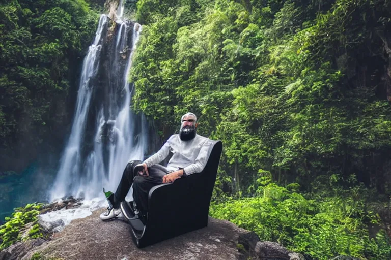 Prompt: young man with a grey beard in a cyberpunk suit sitting on a futuristic chair at the edge of a jungle waterfall