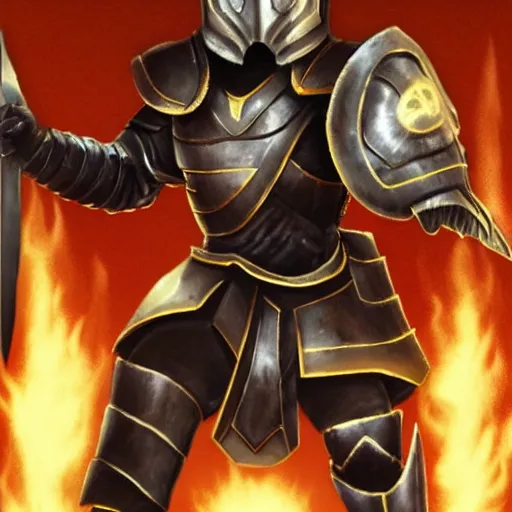 Image similar to animated armor with a helmet face and a sun emblem on his chest, far - mid shot photo, style of magic the gathering, dungeons and dragons, fantasy, intimidating