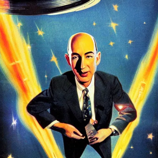 Image similar to 1 9 5 0 s sci - fi movie poster of jeff bezos being abducted by aliens