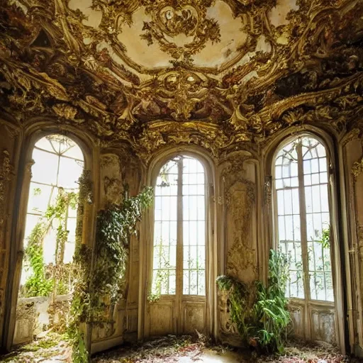 Image similar to a dream about inside opulent abandoned overgrown Palace of Versailles, lush plants growing through the floors and walls, walls are covered with vines, beautiful, dusty, golden volumetric light shines through giant broken windows, rich with epic details and dreamy atmosphere