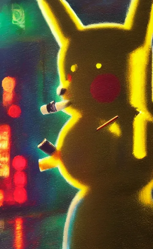 Image similar to a realistic oil painting of Chrome Pikachu smoking a cigarette in a rainy cyberpunk street, by Alex Ross, realistic, 8k, HD, neon, dramatic backlit, bokeh