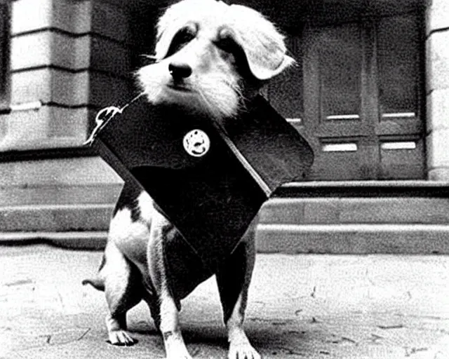 Image similar to a photo of canine karl marx ( karl barx ) as a dog, barking about the failures of capitalism and how the fat cats are creating a rat race of exploitation. how does one write a manifesto with those paws though?