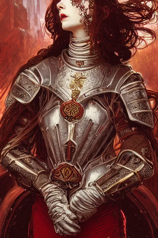 Image similar to beautiful luxury and elite and victorian and holy medieval female red and white color armor knight portrait+smoky eyes+light flowing hair, in ruin gothic cathedral, ultradetail face, art and illustration by tian zi and craig mullins and WLOP and alphonse mucha, fantasy, intricate complexity, human structure, fantasy world concept, watermark, blurry, hyperrealism 8k