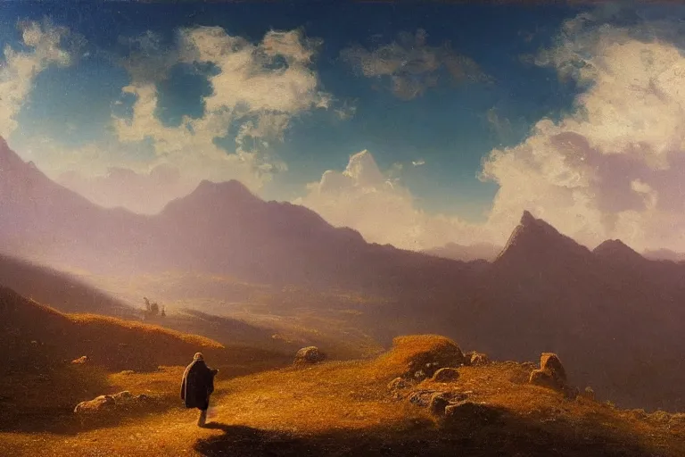 Prompt: a traveler wandering trough the mountains looking at the clouds, hyperdetailed, focused, oil painting, cinematic lighting, albert bierstadt, trending on artstation, colorful, canvas, sunset, centered, hans dahl, theodor kittelsen, hermann hendrich, national geographic, Konstantin Yakovlevich Kryzhitsky, beautiful nature, breathtaking, nordic, old man