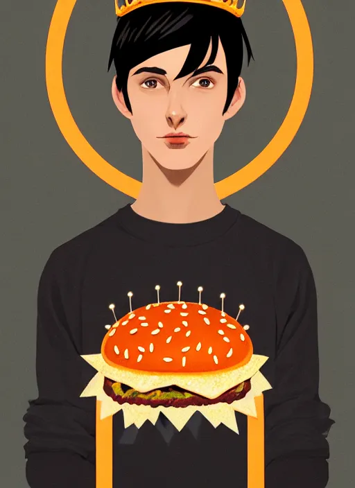 Image similar to portrait of teenage jughead jones wearing a light grey crown, symmetrical crown, sweater with picture of hamburger, eyes closed, crown, black hair, orange, intricate, elegant, glowing lights, warm lighting, highly detailed, digital painting, artstation, concept art, smooth, sharp focus, illustration, art by wlop, mars ravelo and greg rutkowski