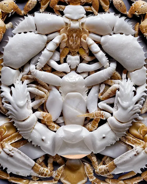 Prompt: white calacatta gold marble, white and gold kintsugi, ehite marvle bas relief carving, feminine, crabs, spiders, scorpions, tarantulas, carving by hr geiger, stunning, highly detailed, intricately detailed, octane, 8 k, trending on artstation
