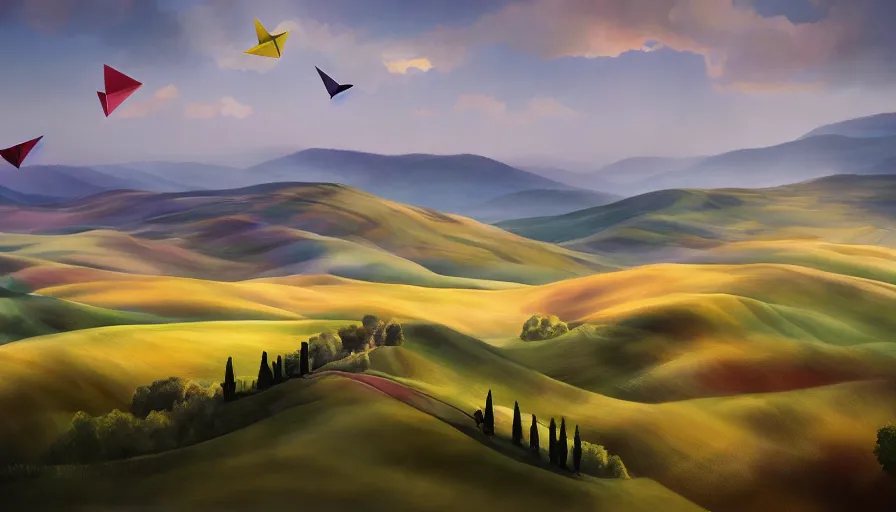 Prompt: a beautiful landscape painting, flying colorful paper planes, tuscany hills, by sam guay, moody lighting, hyperrealism, 4 k, octane render